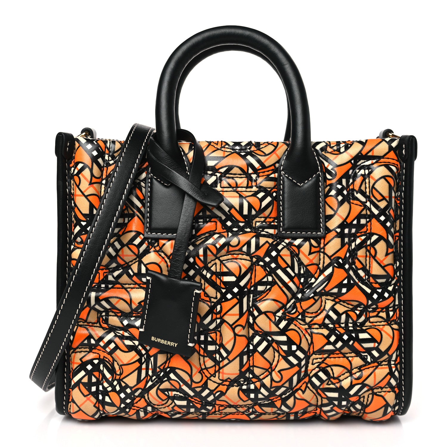 Burberry Lambskin Quilted Printed TB Heritage Check Mini Freya Tote in Orange