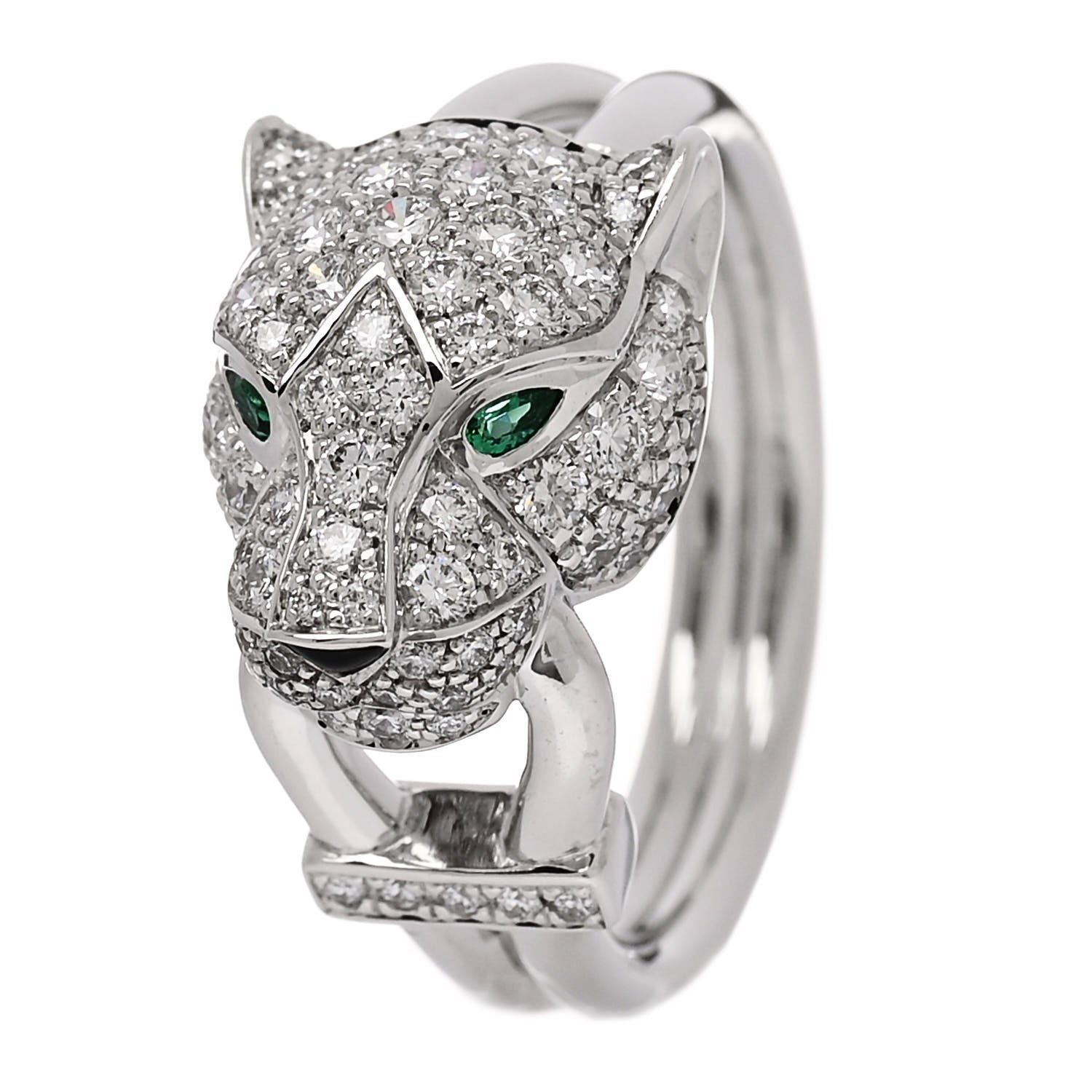Cartier 18K White Gold Diamond Emerald Black Onyx Panthere de Cartier Ring 52 6