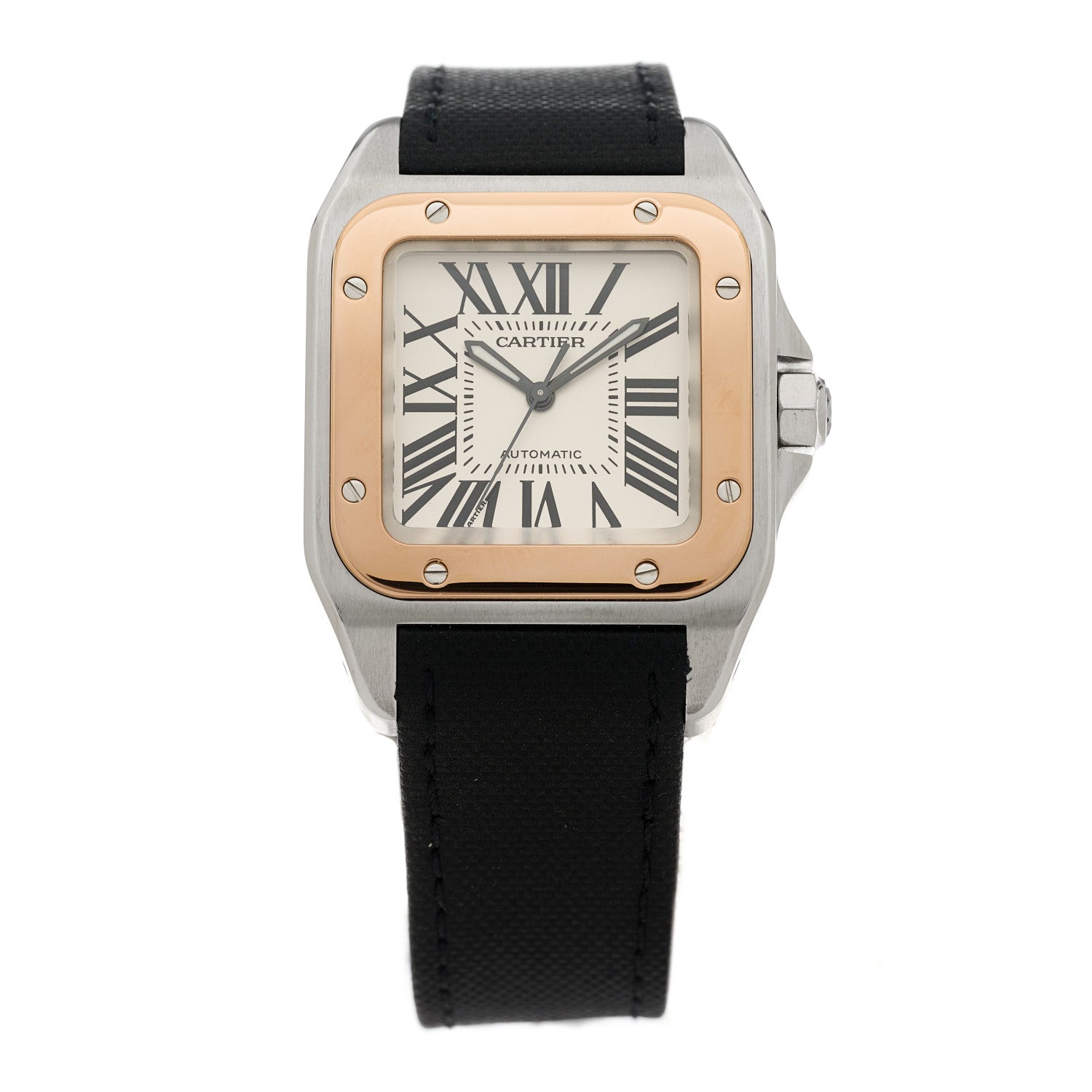 Close up of an upright Cartier Stainless Steel 18K Yellow Gold Fabric 38mm Santos 100 Automatic Watch