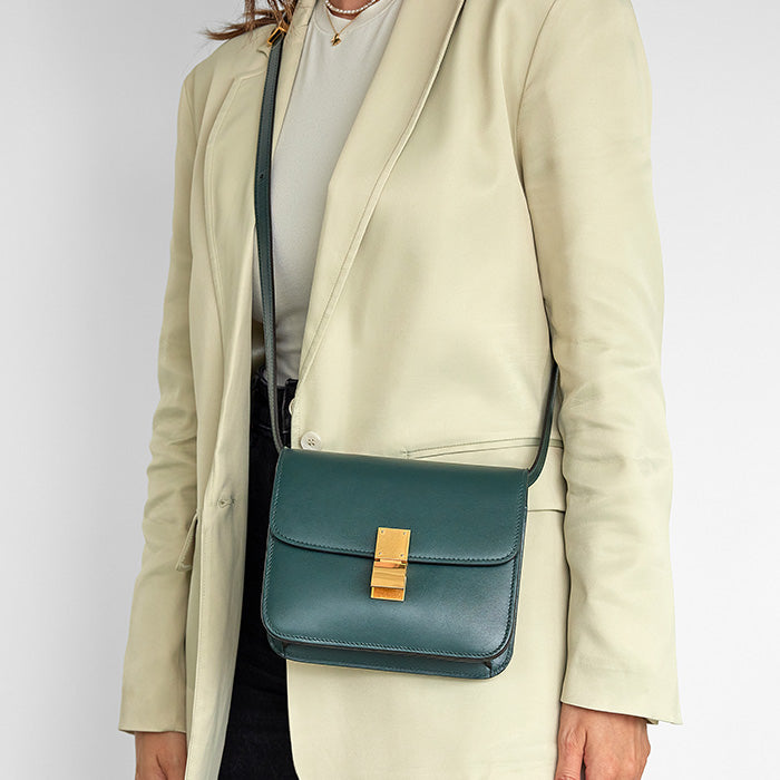 this is the teen celine classic box bag worn as a crossbody by fashionphile