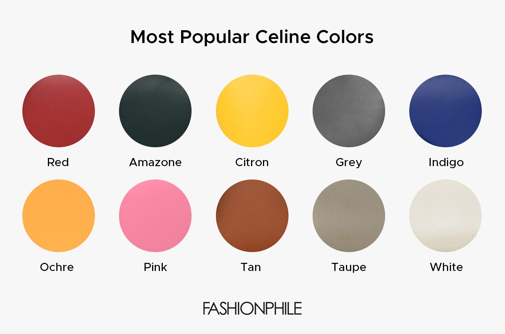 A graphic showing the most popular Celine colors: Red, Amazone, Citron, Grey, Indigo, Ochre, Pink, Tan, Taupe, and White