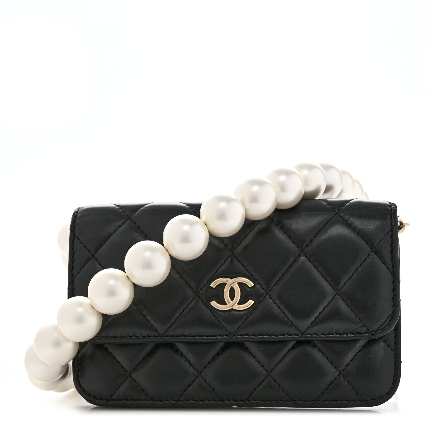 Chanel Calfskin Quilted Maxi Pearls Clutch With Chain Black