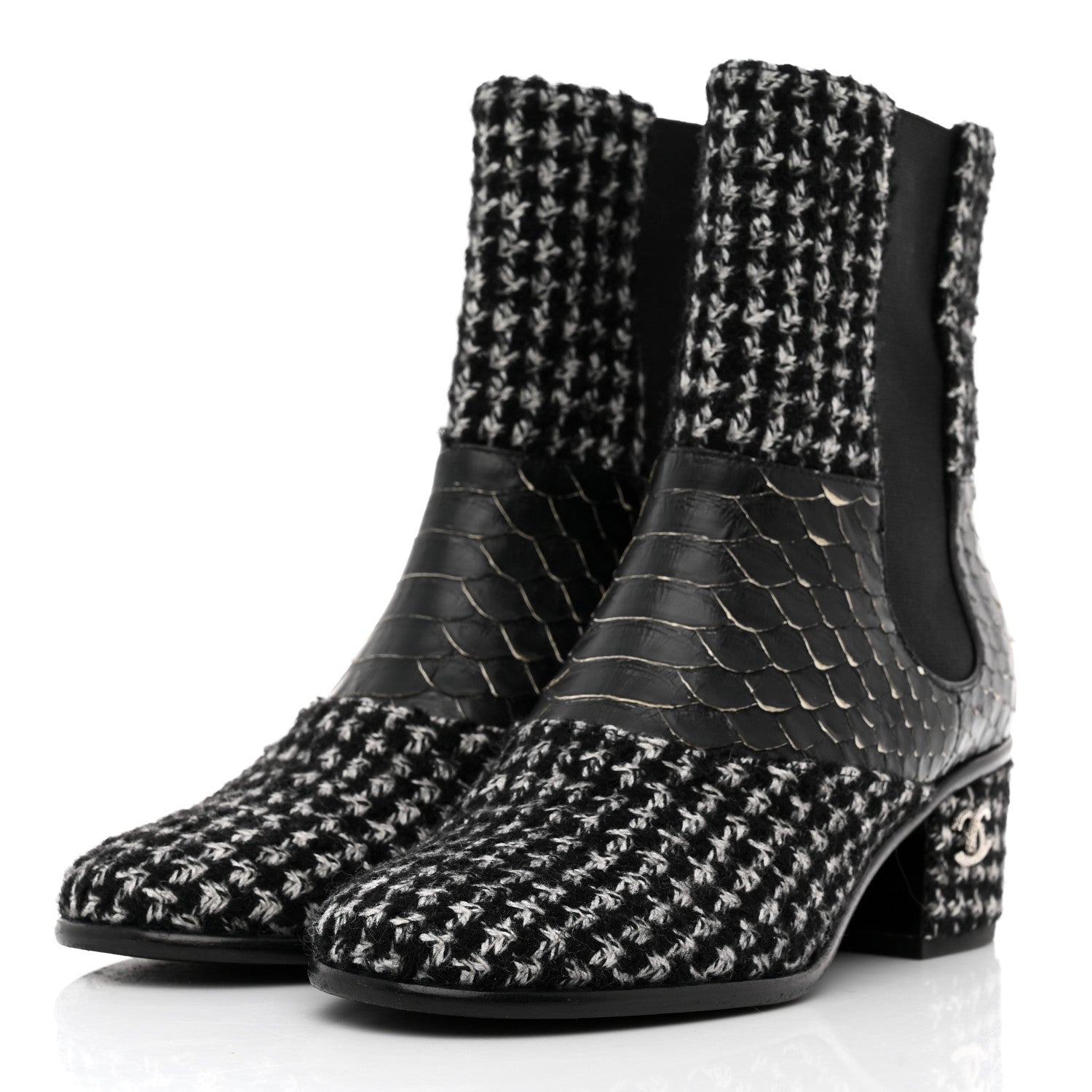 Chanel Fantasy Tweed Snakeskin Short Boots 37 in Black