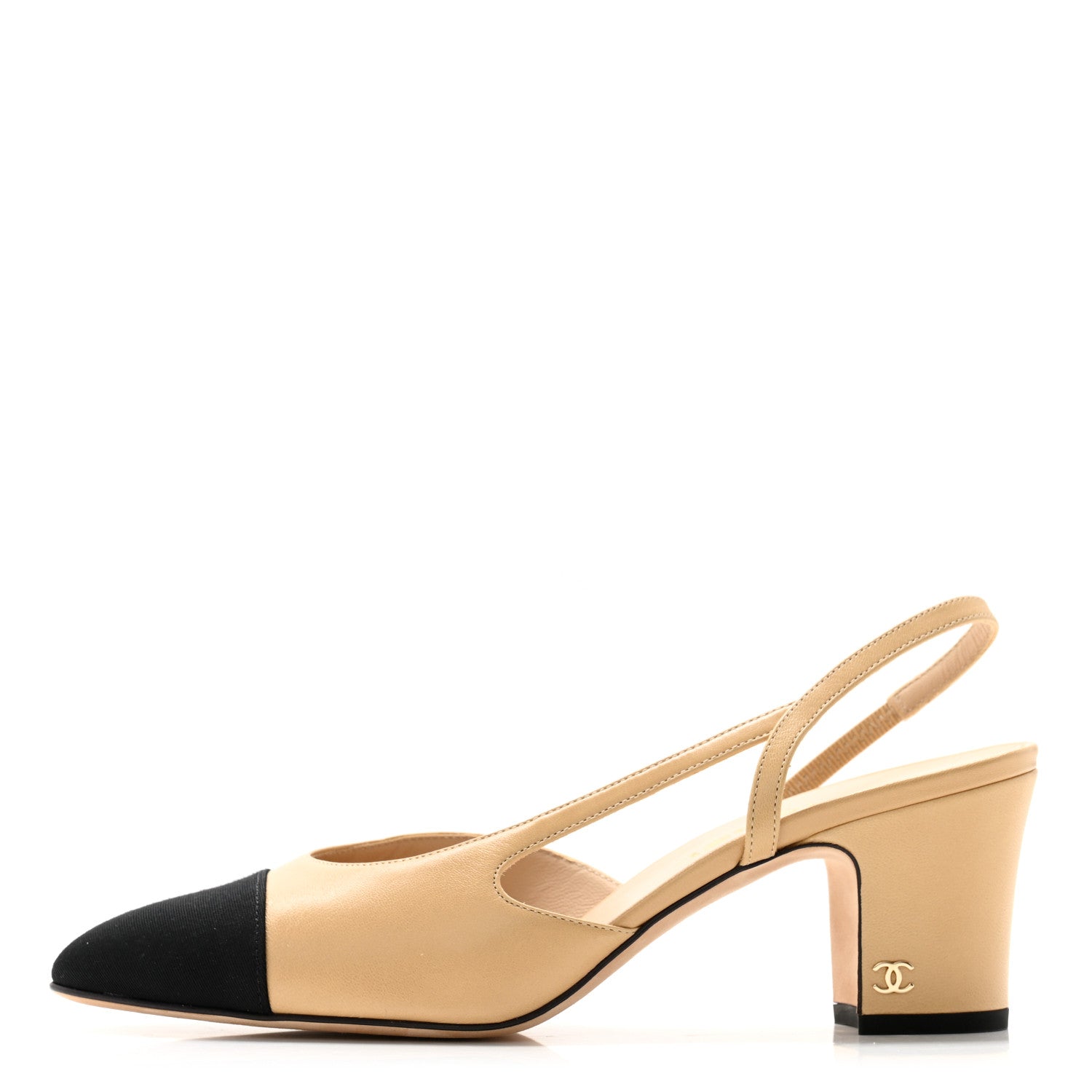 Chanel Goatskin Grosgrain Cap Toe CC Slingback Pumps 39 Beige Black