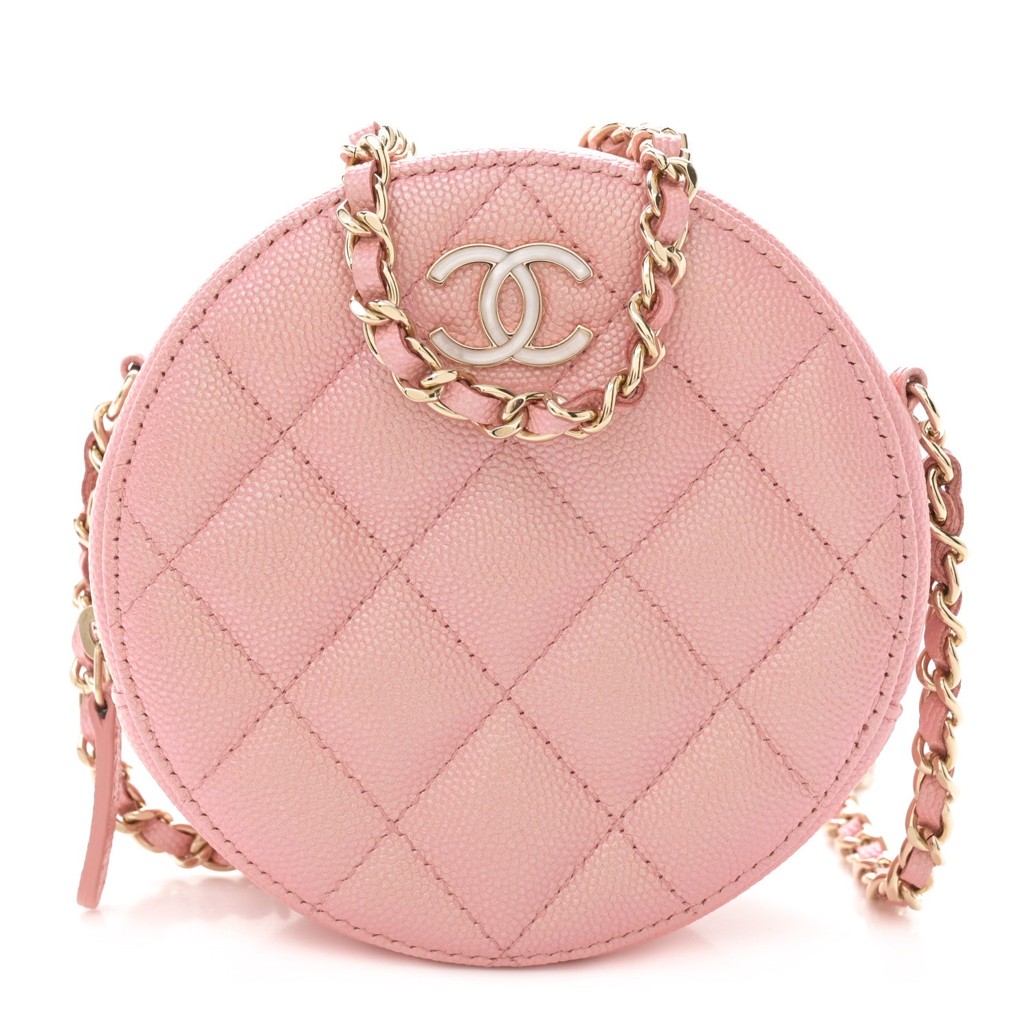 Chanel Iridescent Caviar Resin Quilted Round Clutch With Chain Pink