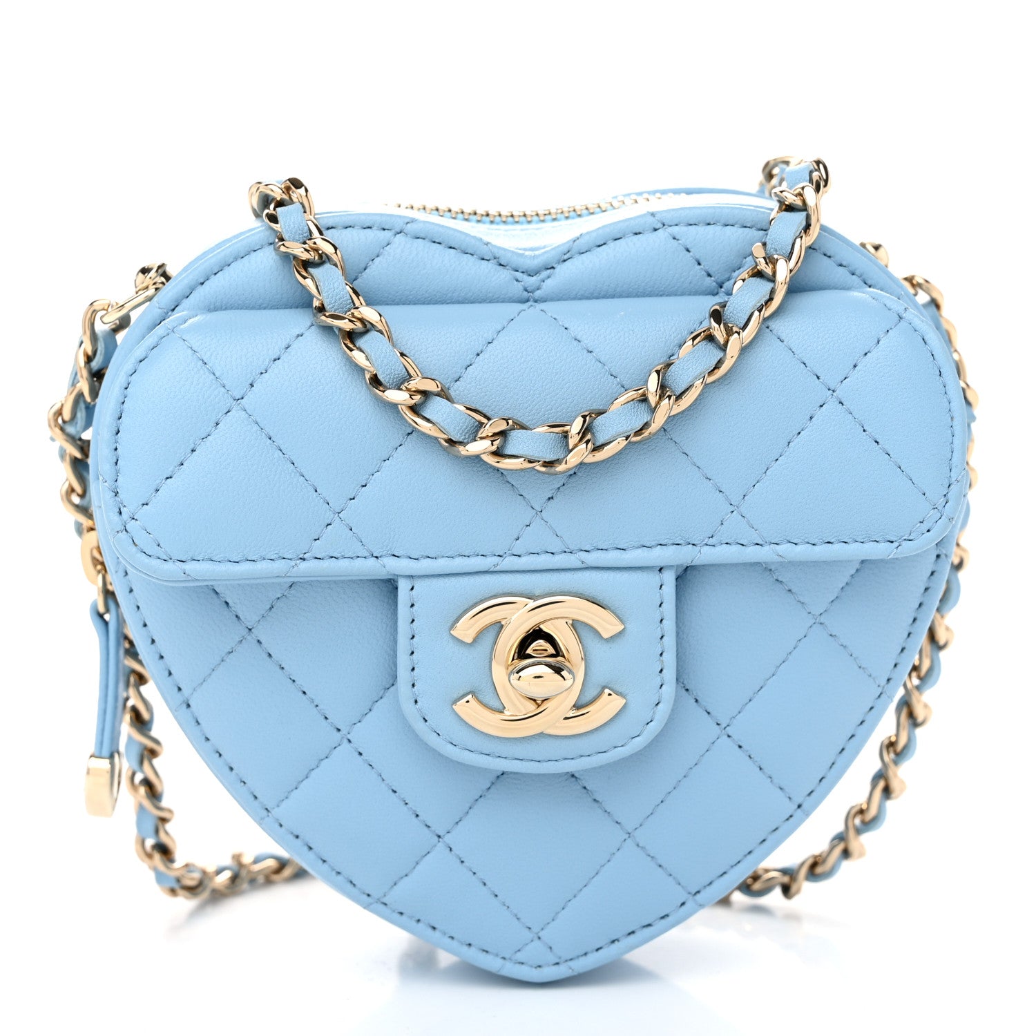 Chanel Lambskin Quilted CC In Love Heart Clutch With Chain Light Blue