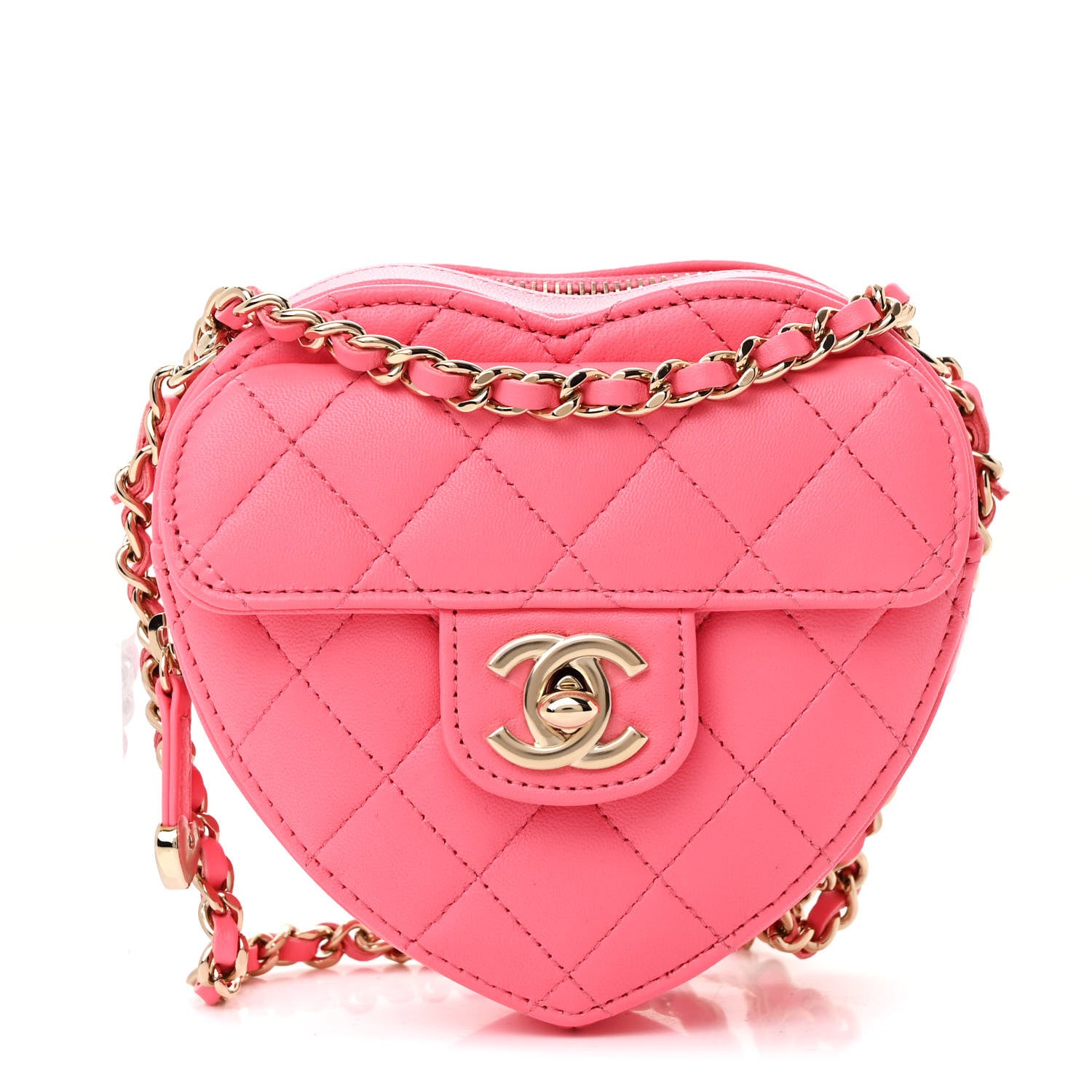 Chanel Lambskin Quilted CC In Love Heart Clutch With Chain Pink