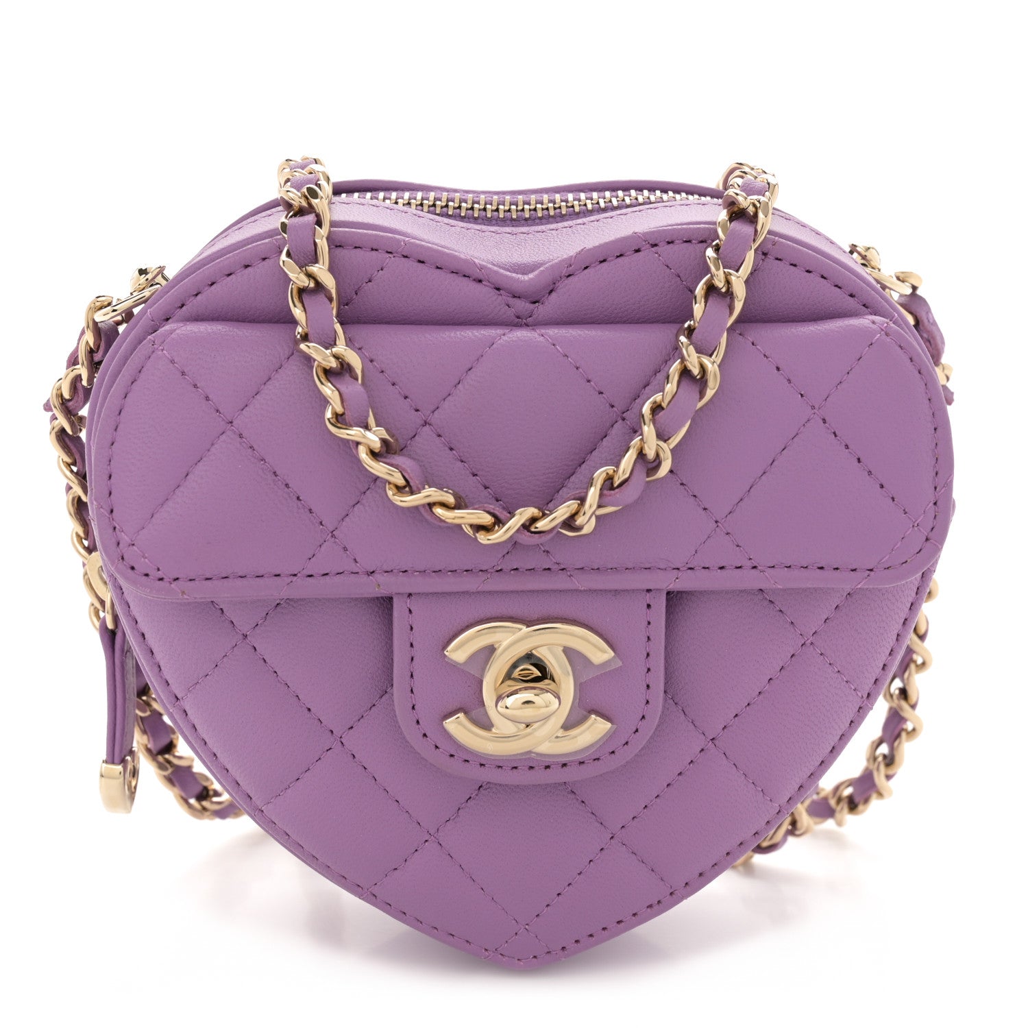 Chanel Lambskin Quilted CC In Love Heart Clutch With Chain Purple