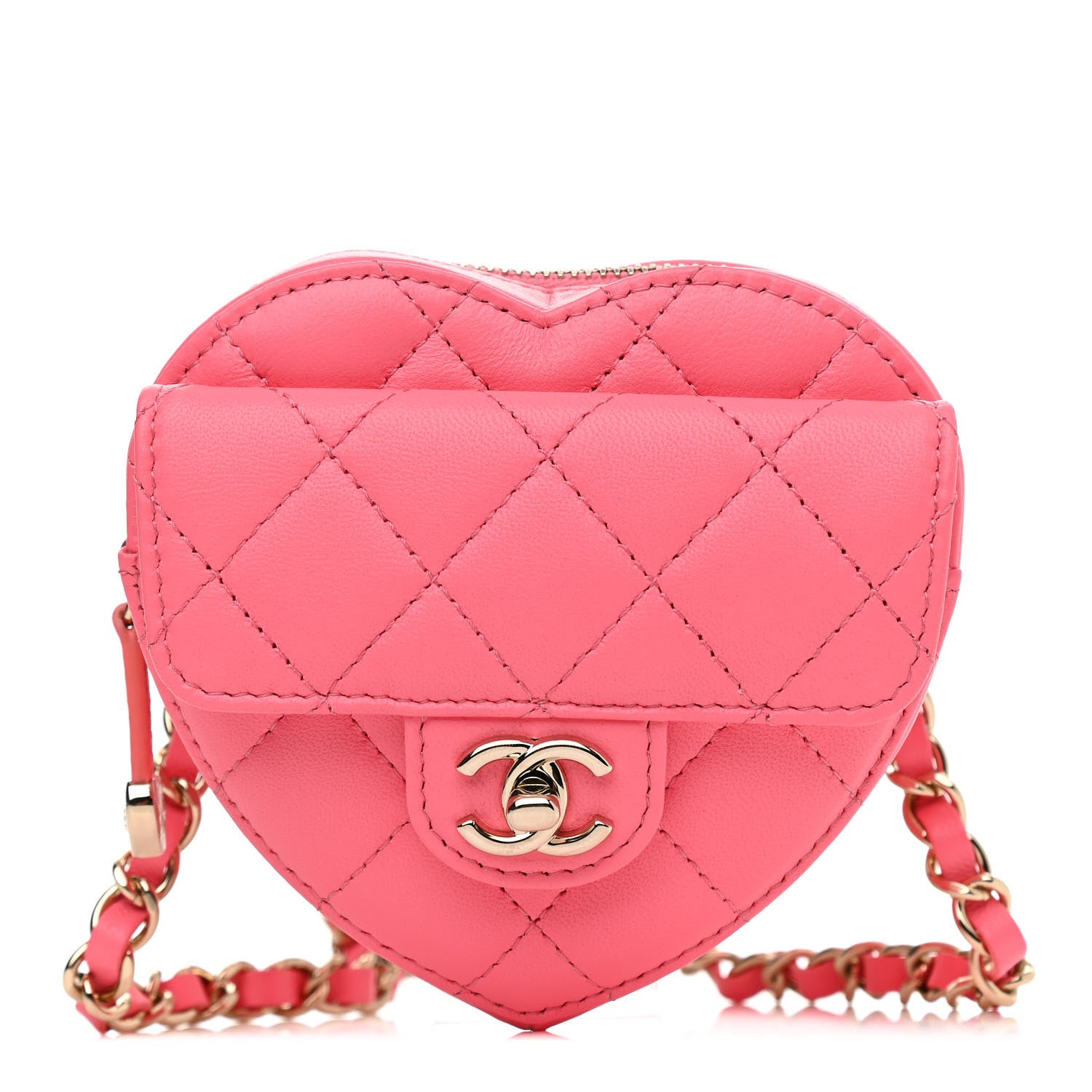 Chanel Lambskin Quilted CC In Love Heart Waist Belt Bag With Chain Pink