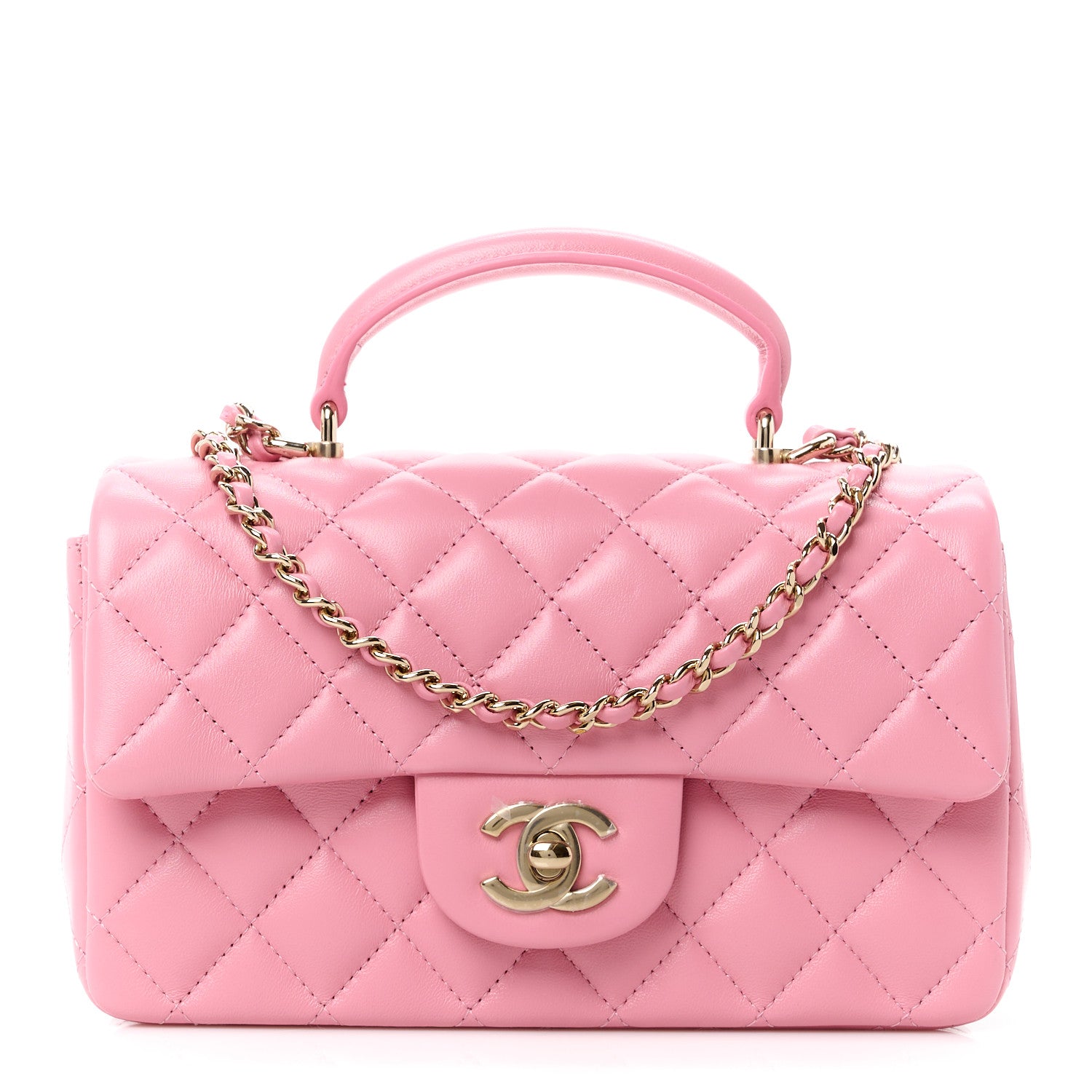 Chanel Lambskin Quilted Mini Top Handle Rectangular Flap Pink