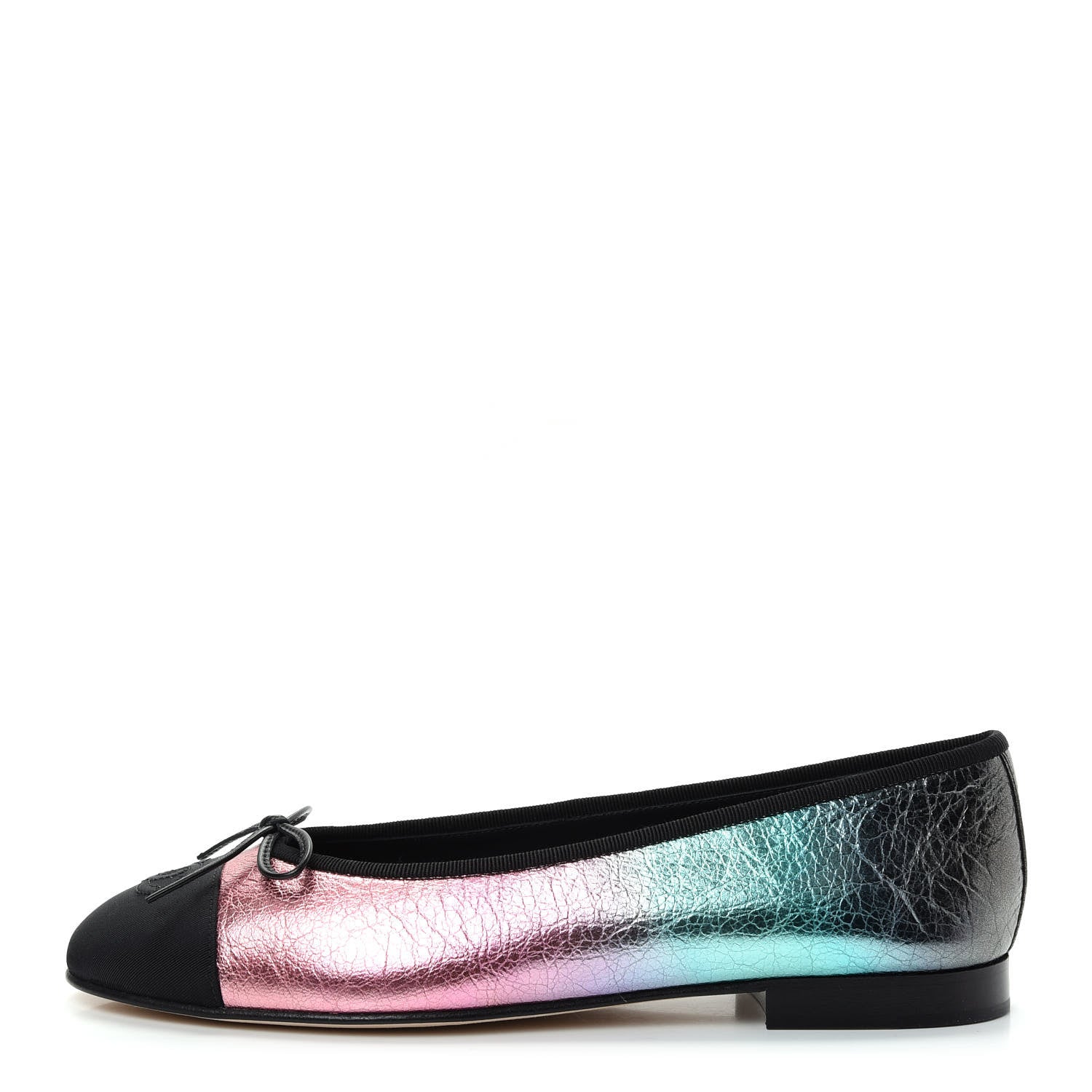 Chanel Laminated Calfskin Grosgrain Cap Toe CC Ballerina Flats 40 Multicolor Black