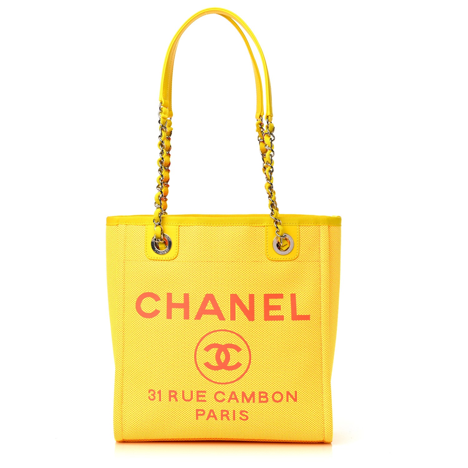 this is a product image by FASHIONPHILE of a CHANEL Mixed Fibers Calfskin Mini Deauville Tote in orange and yellow