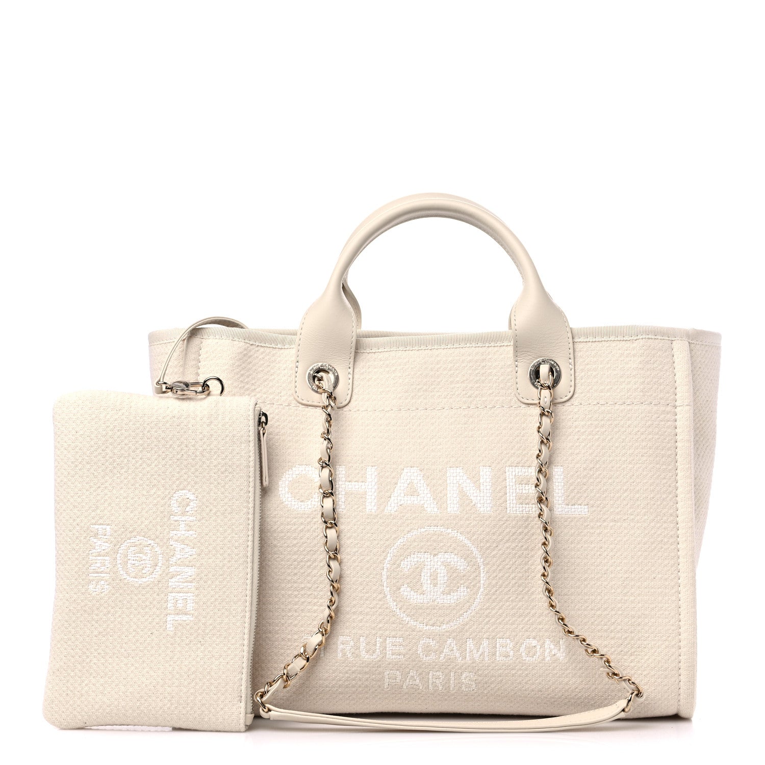 this is a product image by FASHIONPHILE of a CHANEL Mixed Fibers Small Deauville Tote in the color White