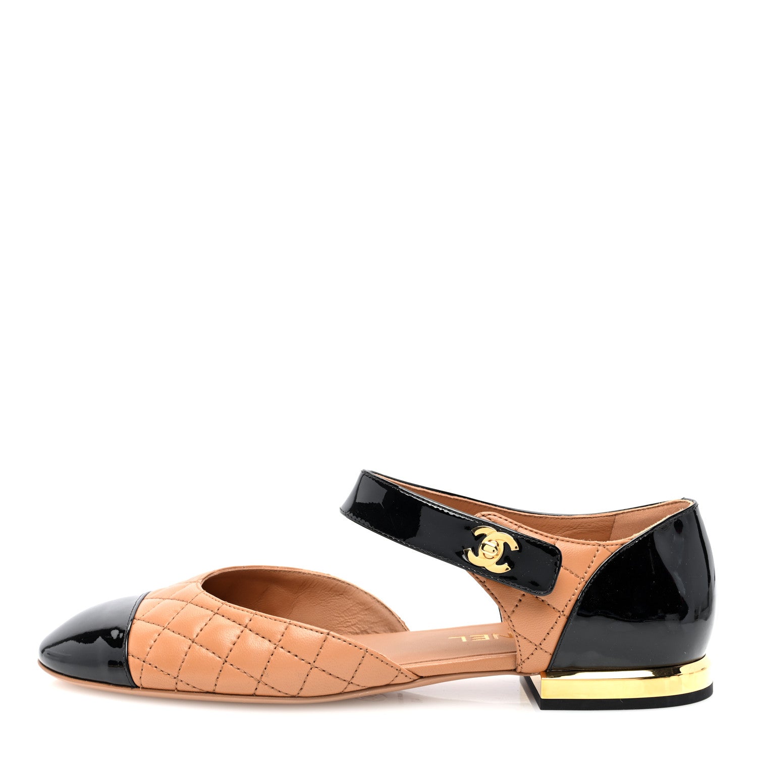 Chanel Patent Lambskin Quilted Cap Toe Ballerina Flats 40 Light Brown Black