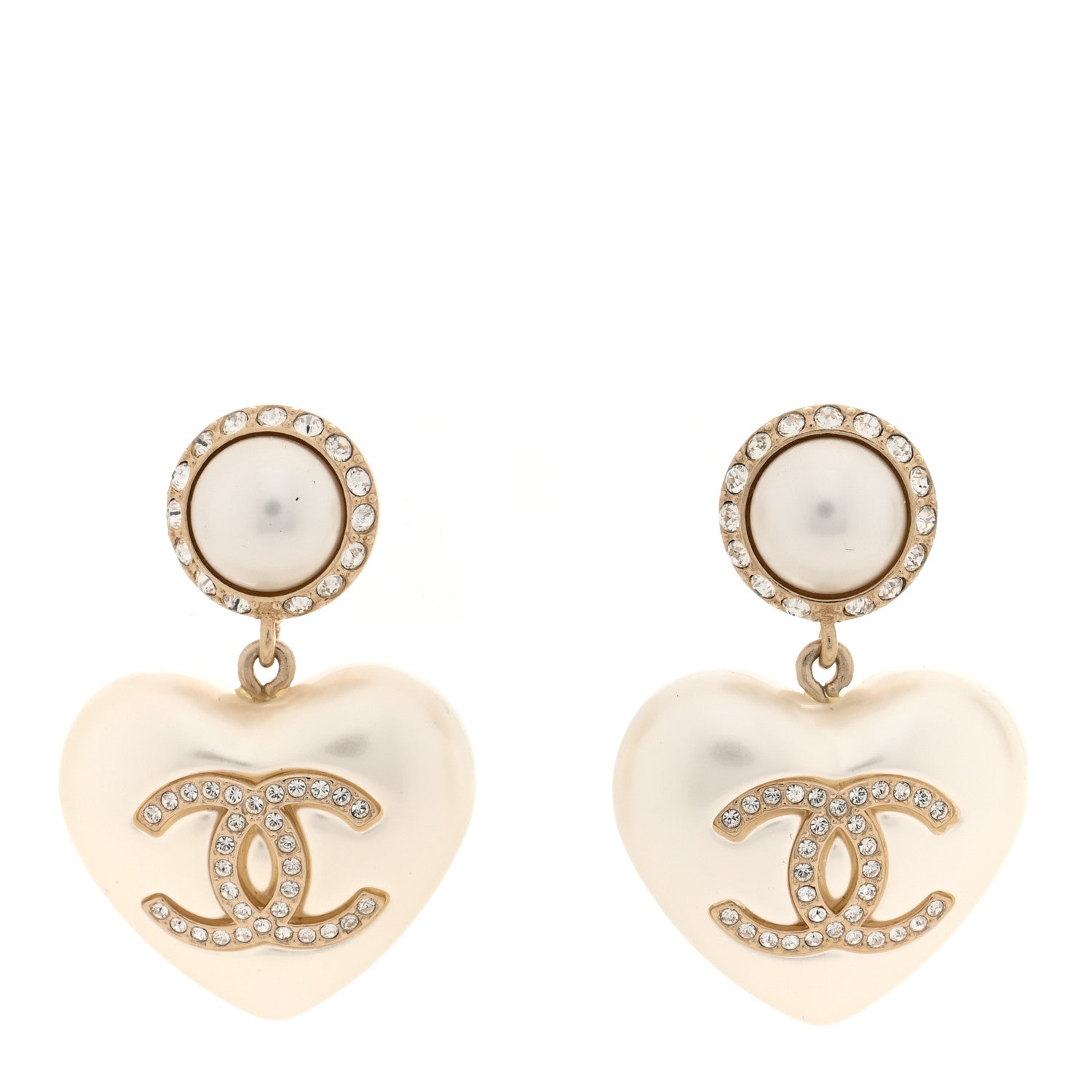 Chanel Pearl Crystal CC Heart Drop Earrings in Gold