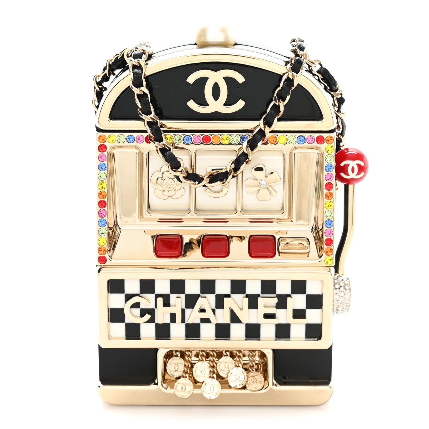 Chanel Resin Crystal Slot Machine Minaudiere Black Gold White Red