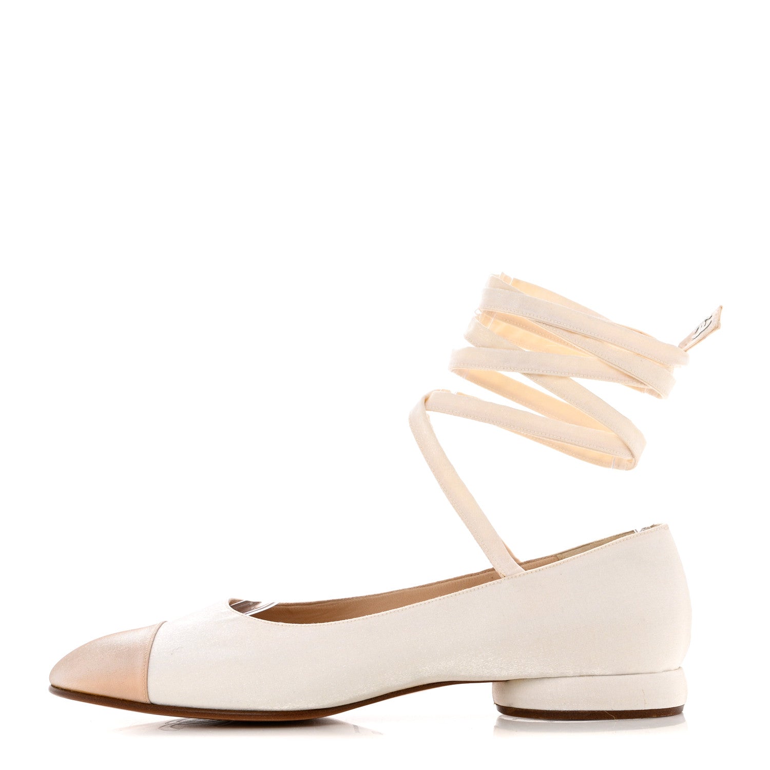 Chanel Satin Cap Toe Ballerina Ankle Wrap Flats 40 White Beige