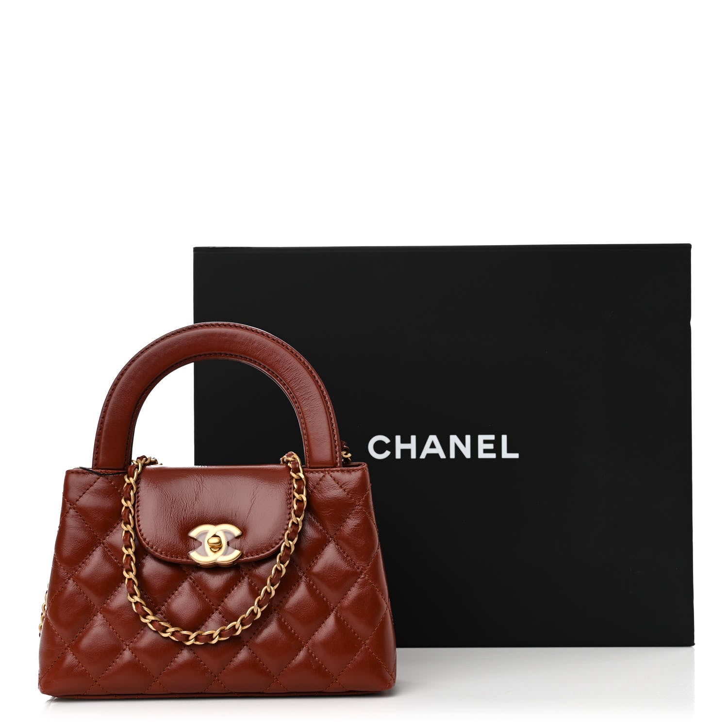 Chanel Shiny Aged Calfskin Quilted Nano Kelly Shopper Brown-box