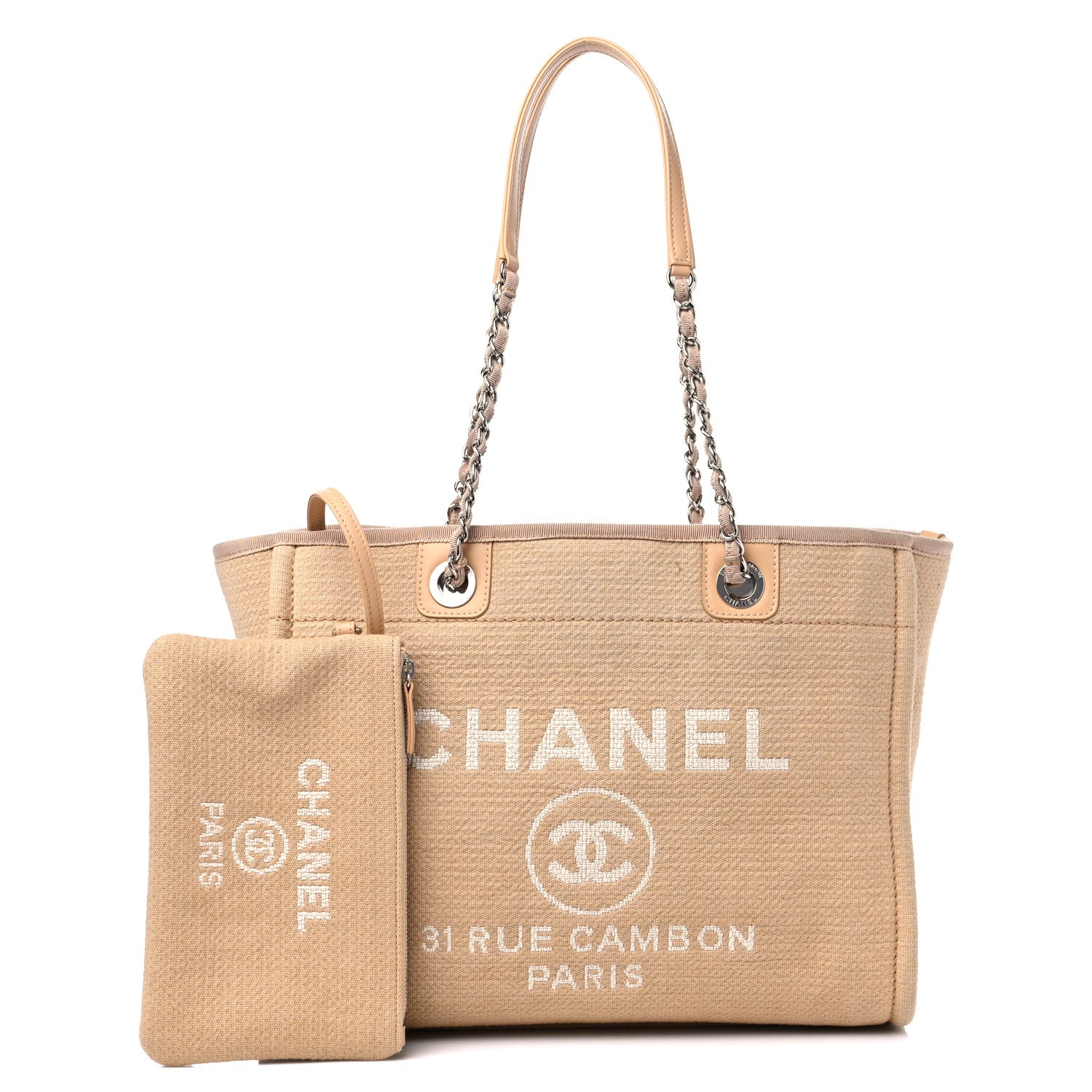 this is a product image by FASHIONPHILE of a CHANEL Mixed Fibers Small Deauville Tote in the color Beige