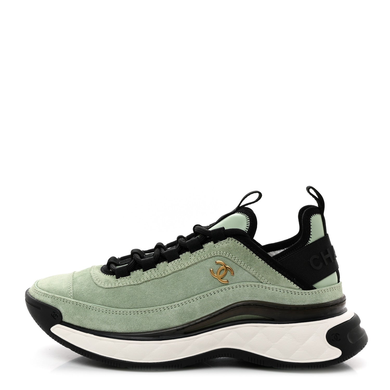 Chanel Suede Calfskin Nylon Grosgrain CC Sneakers 36.5 Light Green