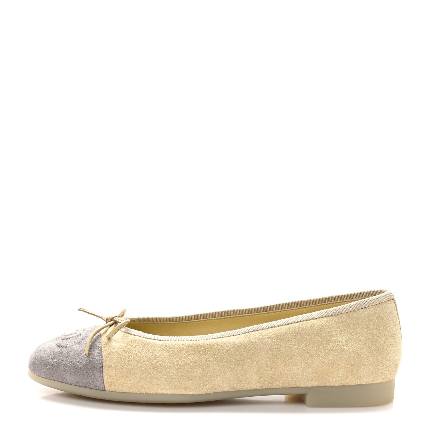 Chanel Suede Cap Toe CC Ballerina Flats 37 Light Yellow Grey