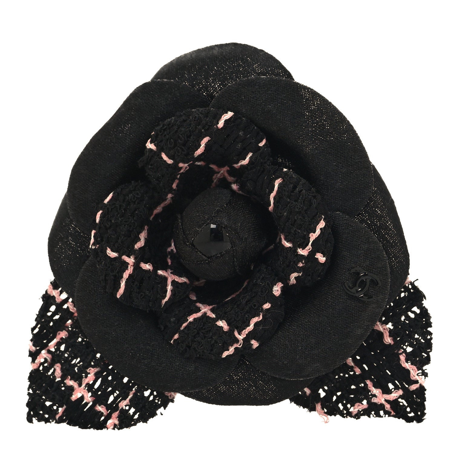 Chanel Tweed Camellia Pin Brooch Black Pink