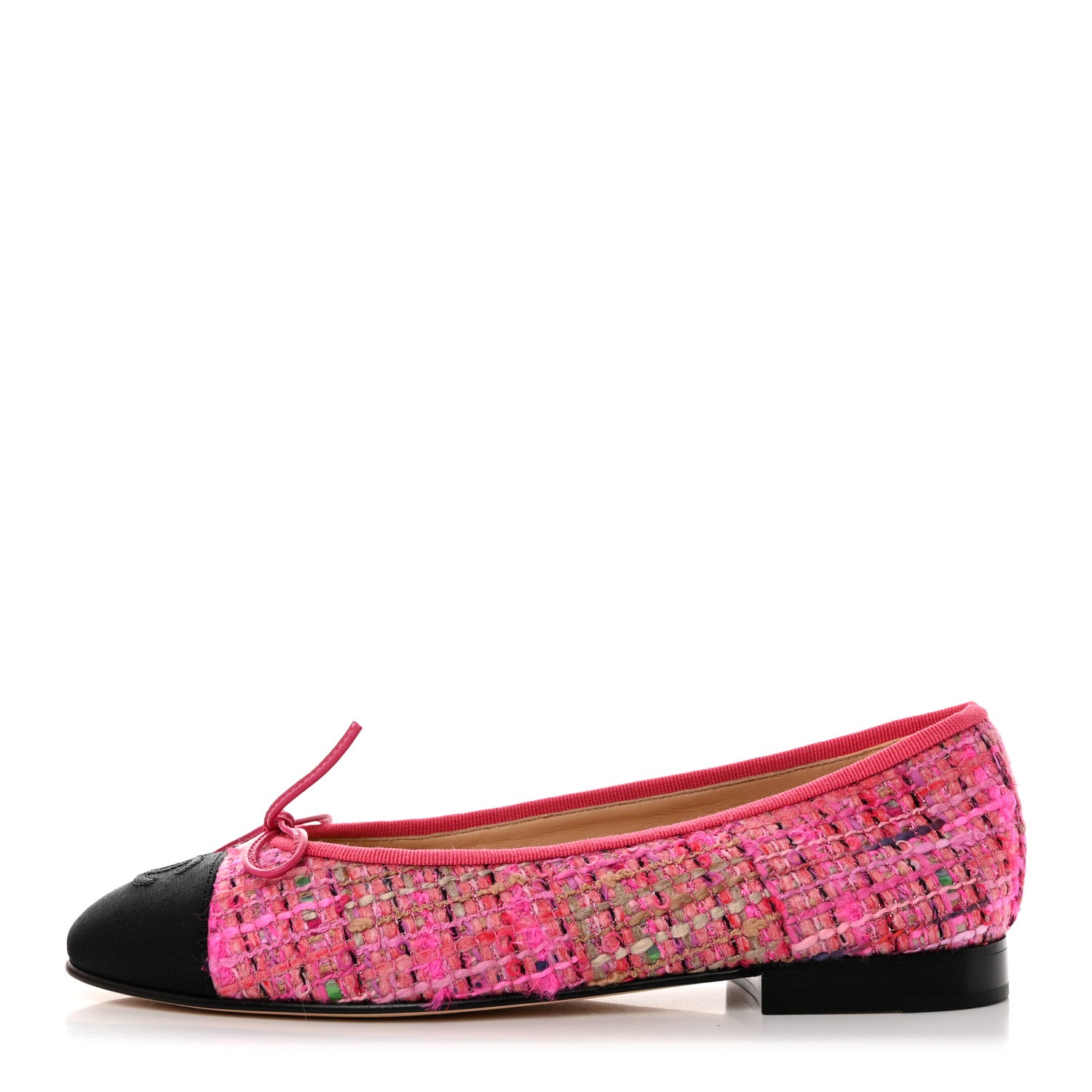 Chanel Tweed Grosgrain Cap Toe Ballerina Flats 37 in Pink Black