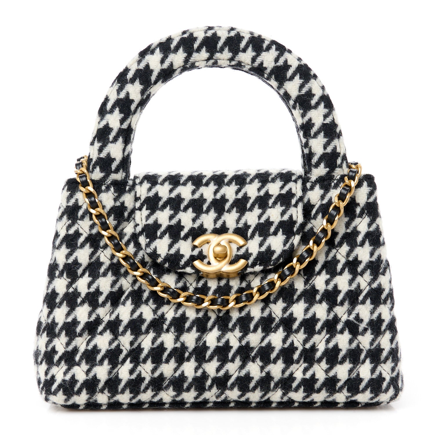 Chanel Tweed Houndstooth Quilted Nano Kelly Shopper in Black White