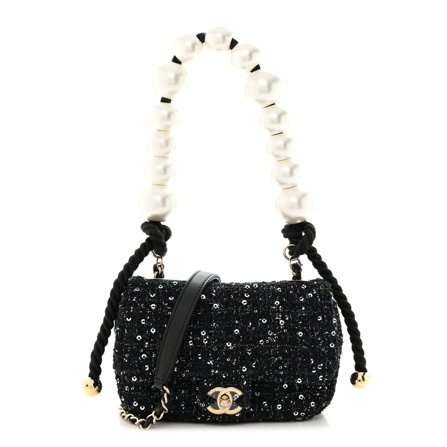 Chanel Tweed Mini Pearl Handle Flap in Black Ecru