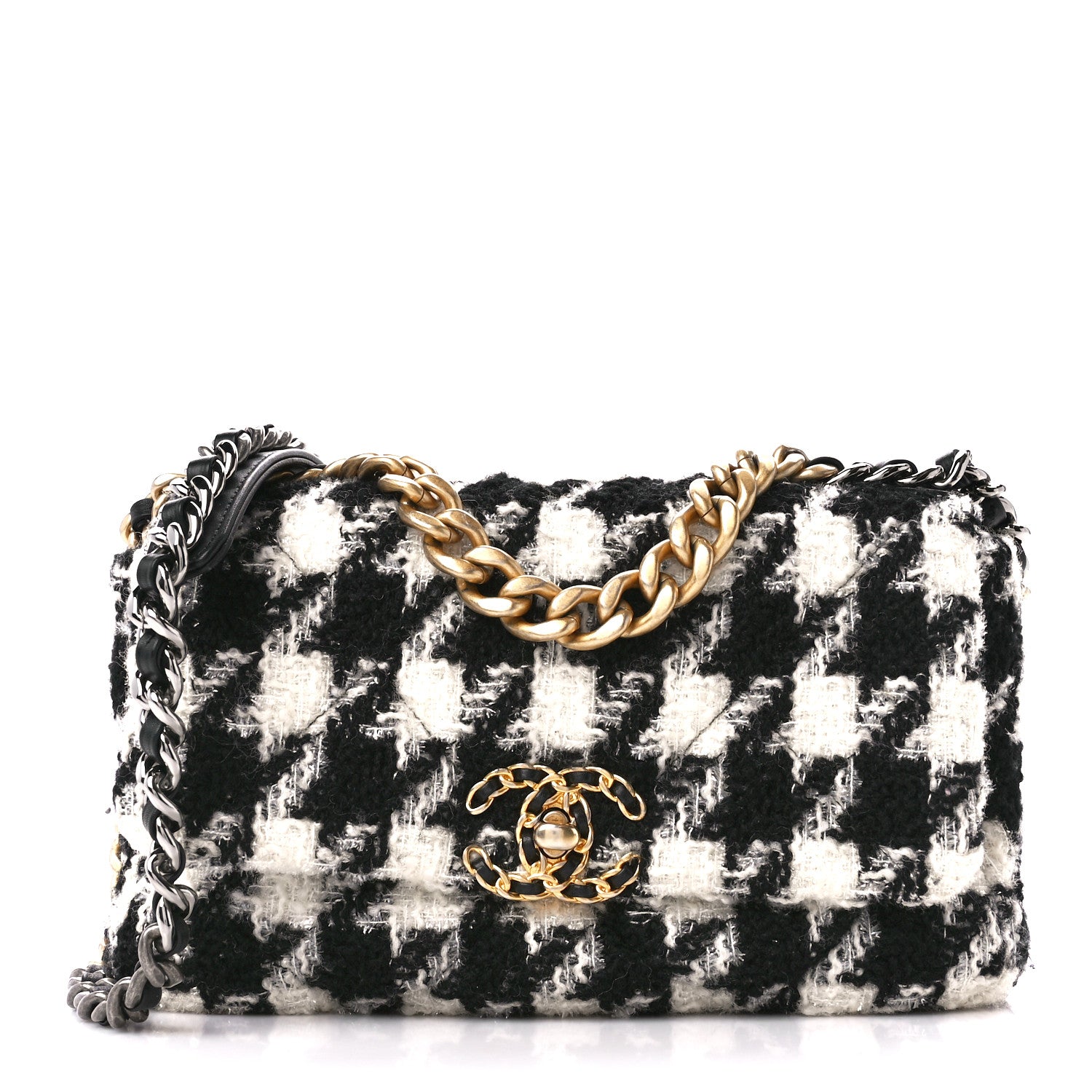 Chanel Tweed Quilted Medium Chanel 19 Flap Black Ecru in White