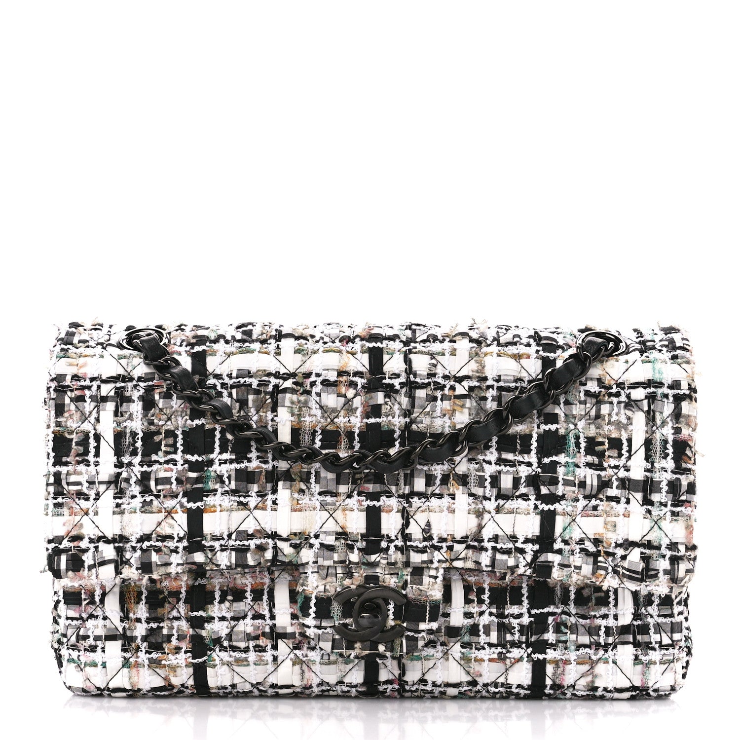 Chanel Tweed Quilted Medium Double Flap in White Black Multicolor