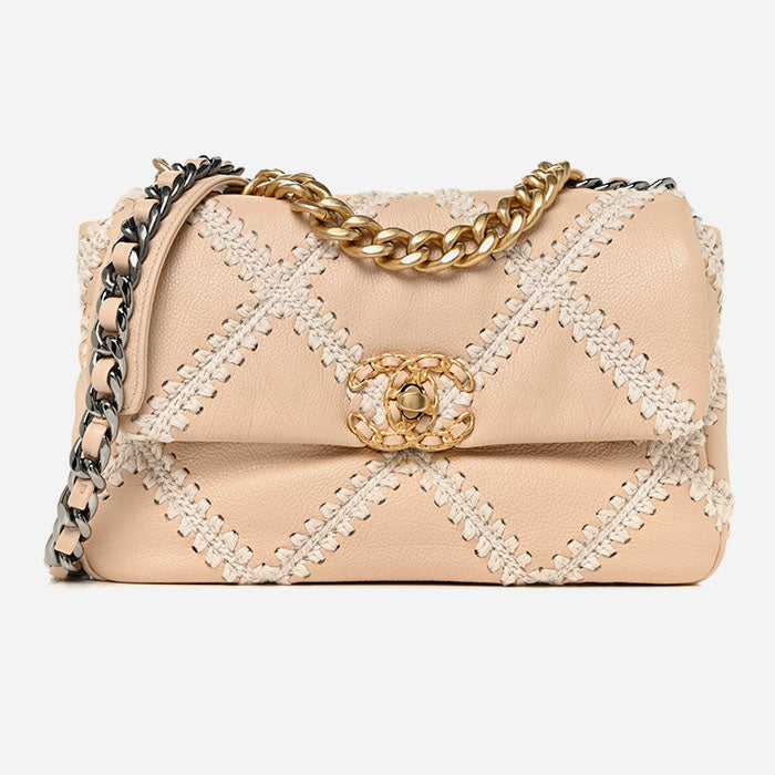 product image of CHANEL Calfskin Crochet Medium Chanel 19 Flap Beige FASHIONPHILE
