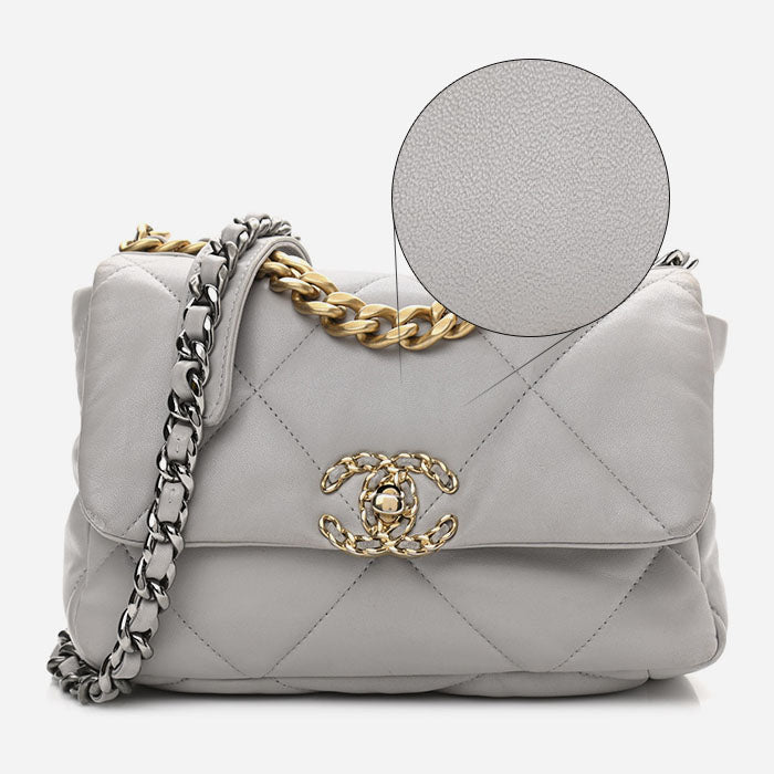 product image of lambskin grey chanel 19 flap FASHIONPHILE