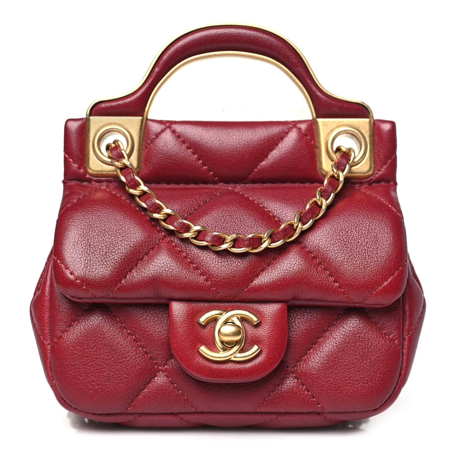 ChanelCalfskin Quilted Lady Handle Flap Card Holder With Chain Red