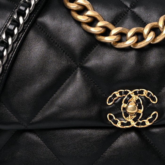 close up image of Chanel 19 in black FASHIONPHILE