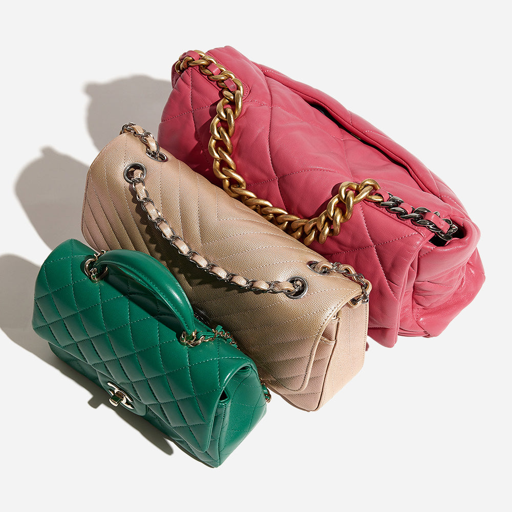 comparing chanel bags crafted in different leather types from lambskin and caviar to goatskin by FASHIONPHILE