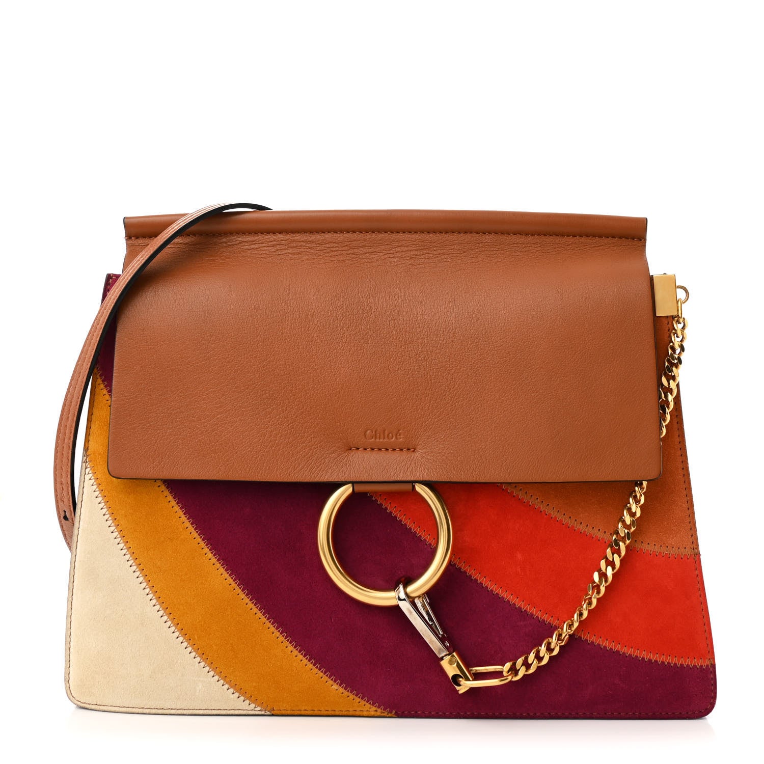 Chloe Calfskin Suede Rainbow Patchwork Medium Faye Shoulder Bag Caramel