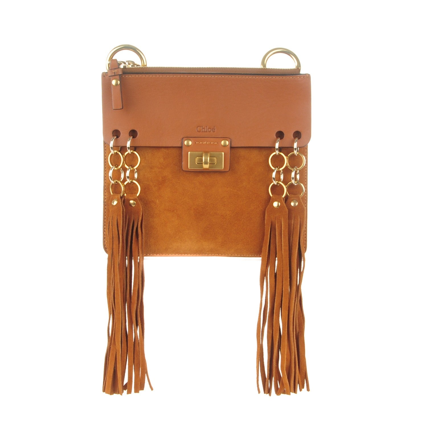 Chloe Calfskin Suede Small Jane Fringe Bag Caramel