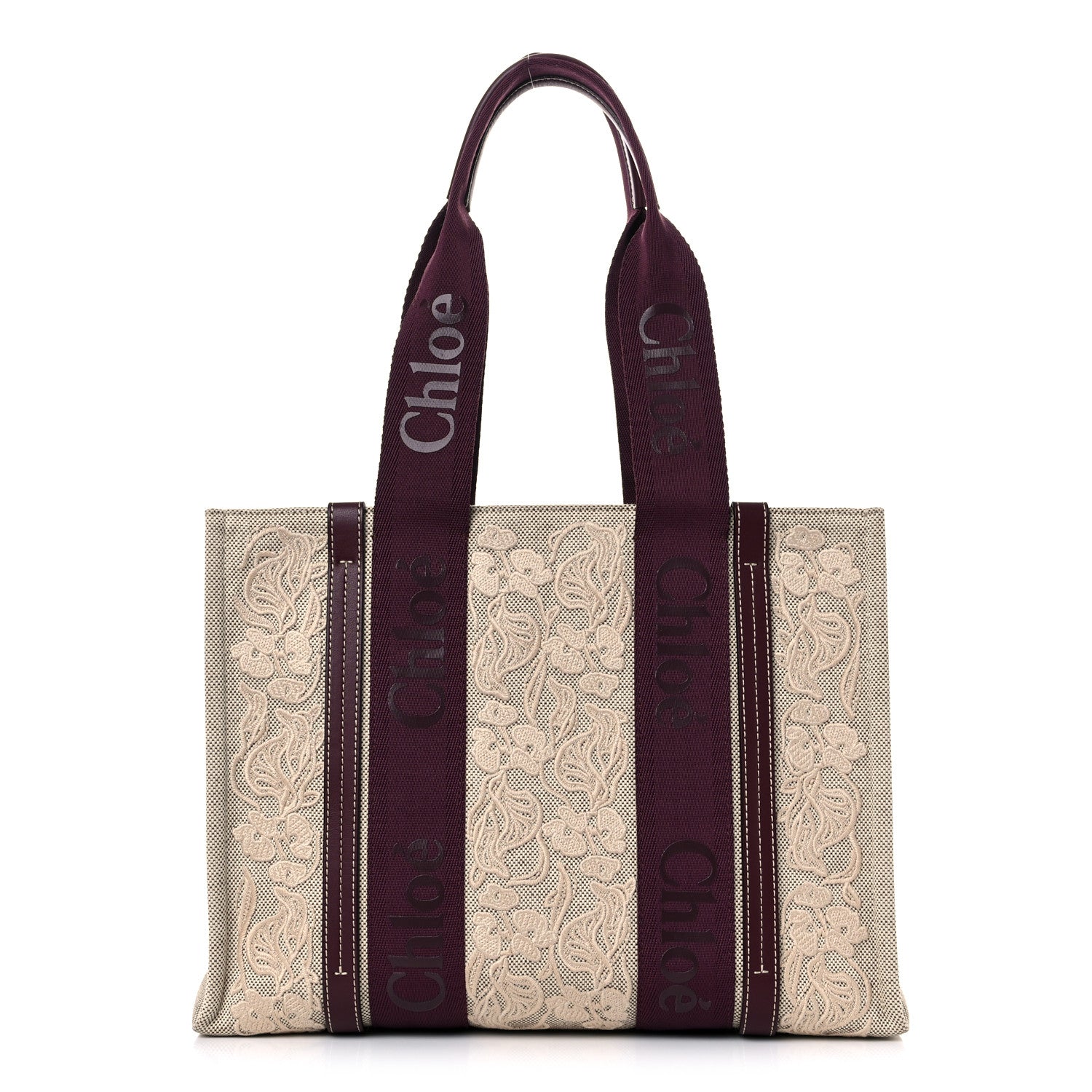 Chloe Cotton Calfskin Embroidered Medium Woody Ribbon Tote Burgundy