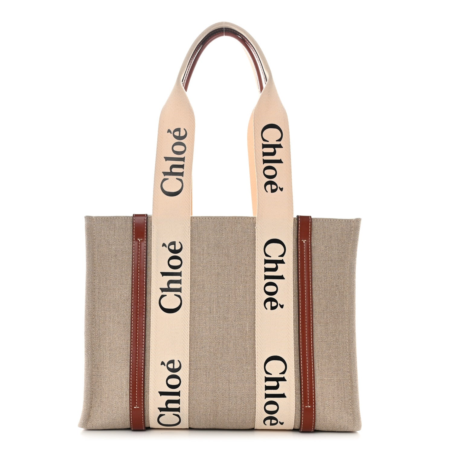 Chloe Cotton Calfskin Medium Woody Ribbon Tote White Brown