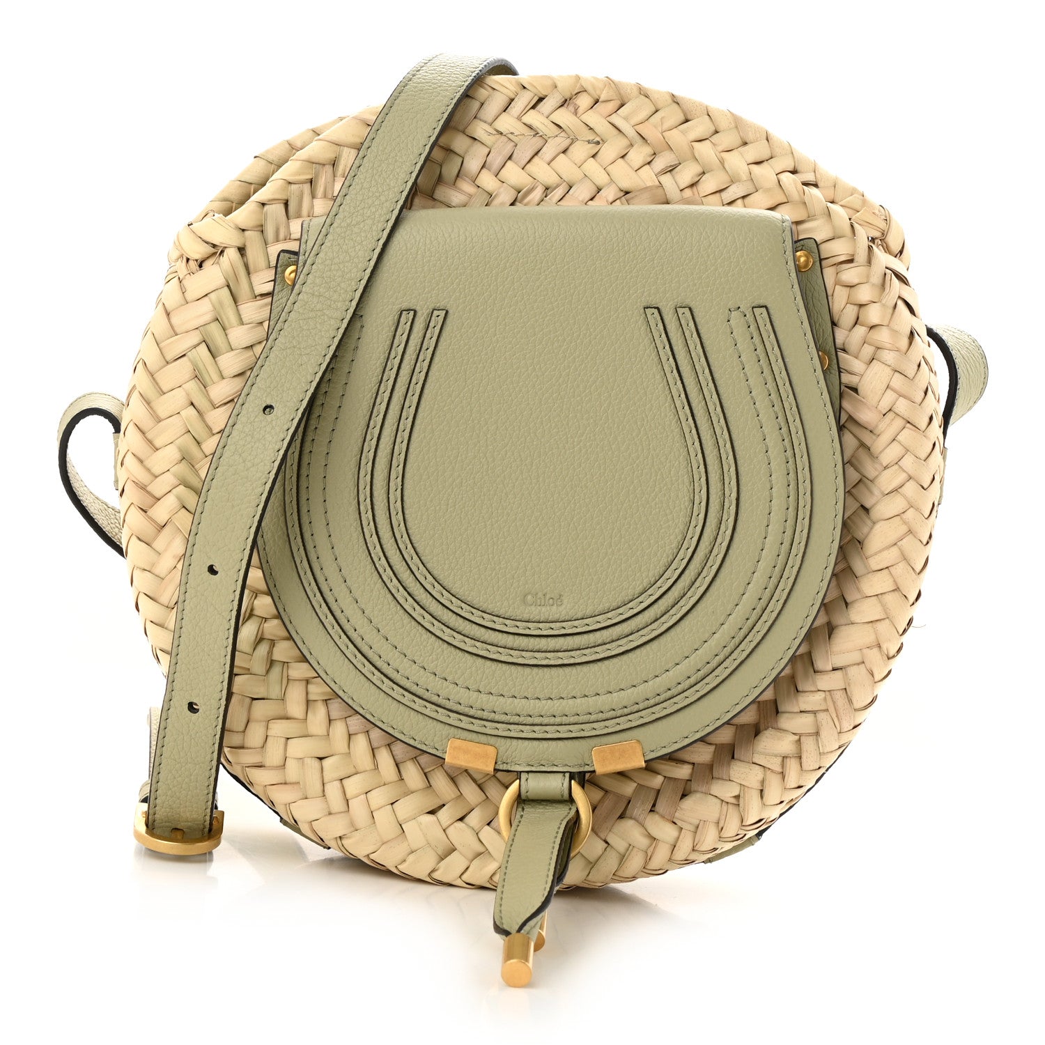 Chloe Raffia Small Grain Calfskin Small Marcie Basket Crossbody Faded Green