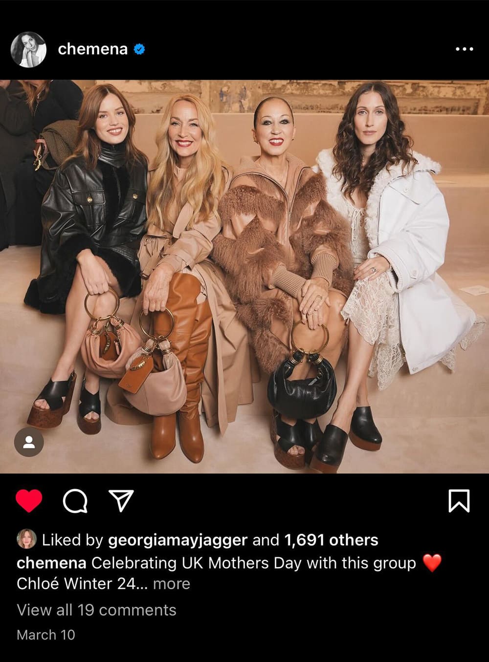 instagram image of attendees including models and actresses at chemena kamali's debut runway show for chloe
