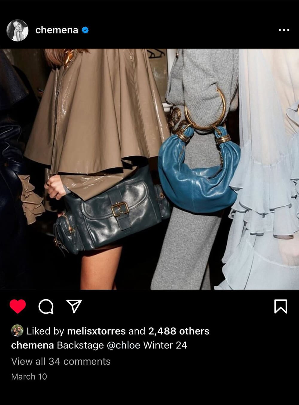 instagram image of new chloe bags as seen on the runway for chloe's fall 2024 collection designed by chemena kamali
