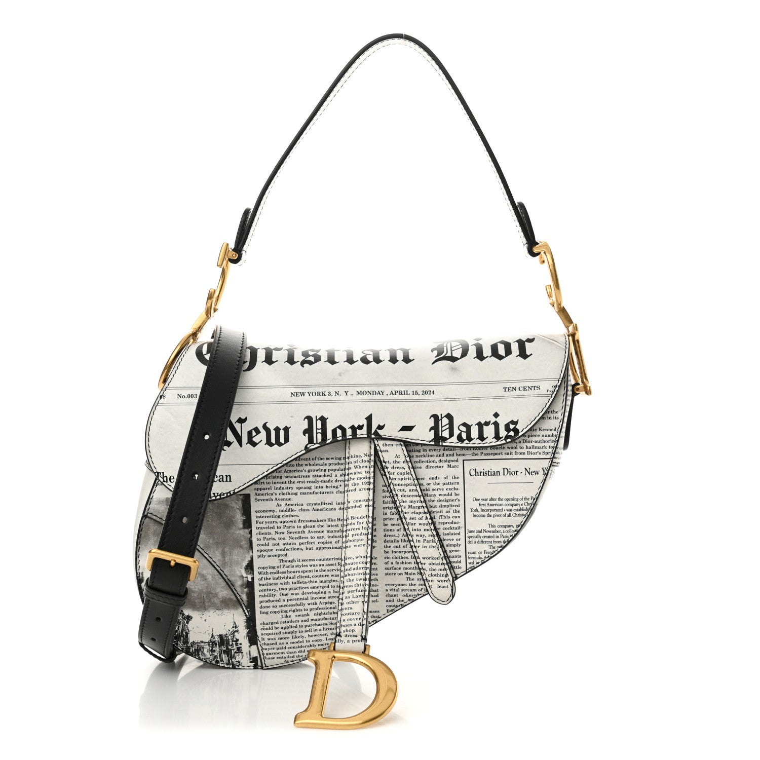 Christian Dior Calfskin Newspaper Printed Saddle Bag With Strap Black White