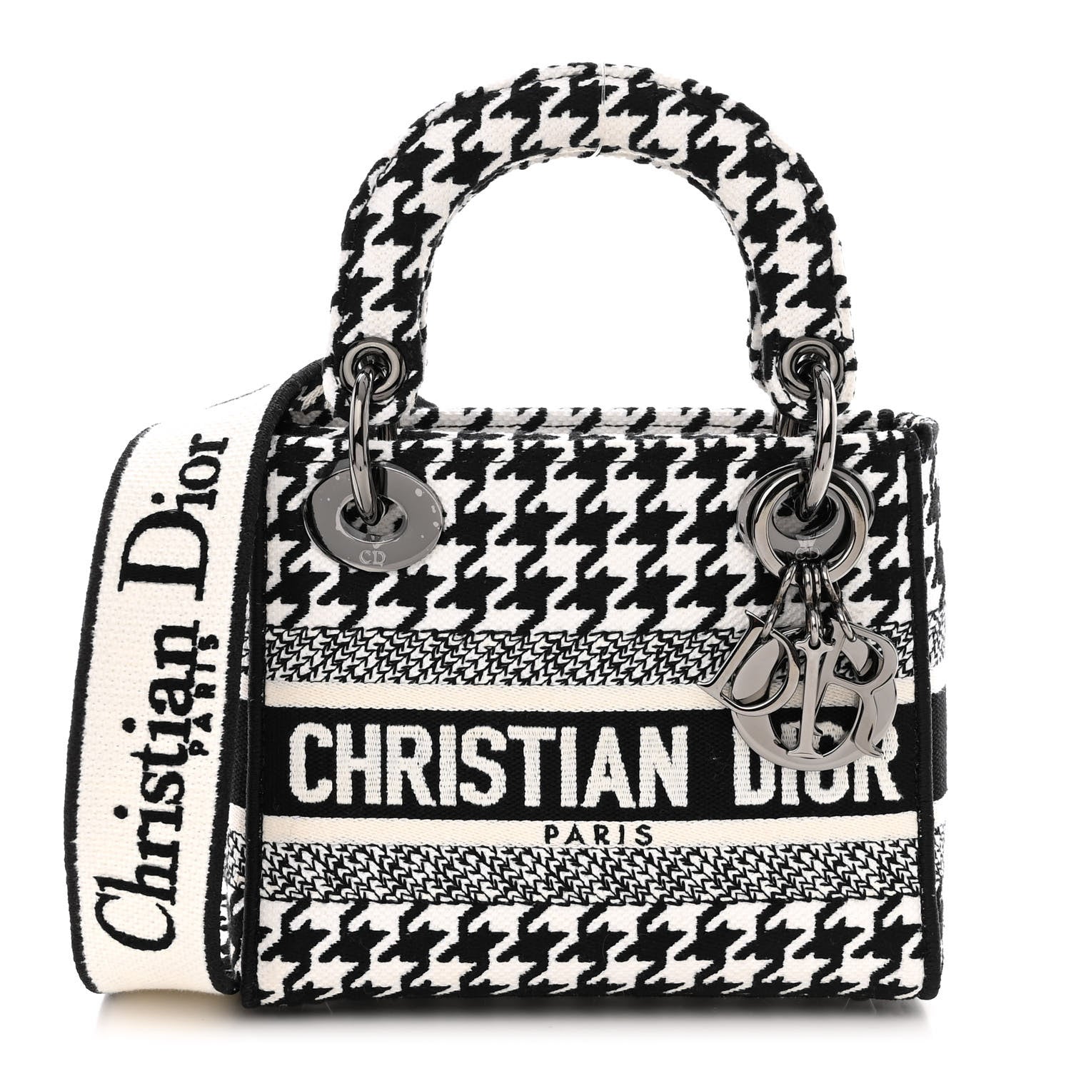 Christian Dior Canvas Houndstooth Embroidered Mini Lady D-Lite Black White