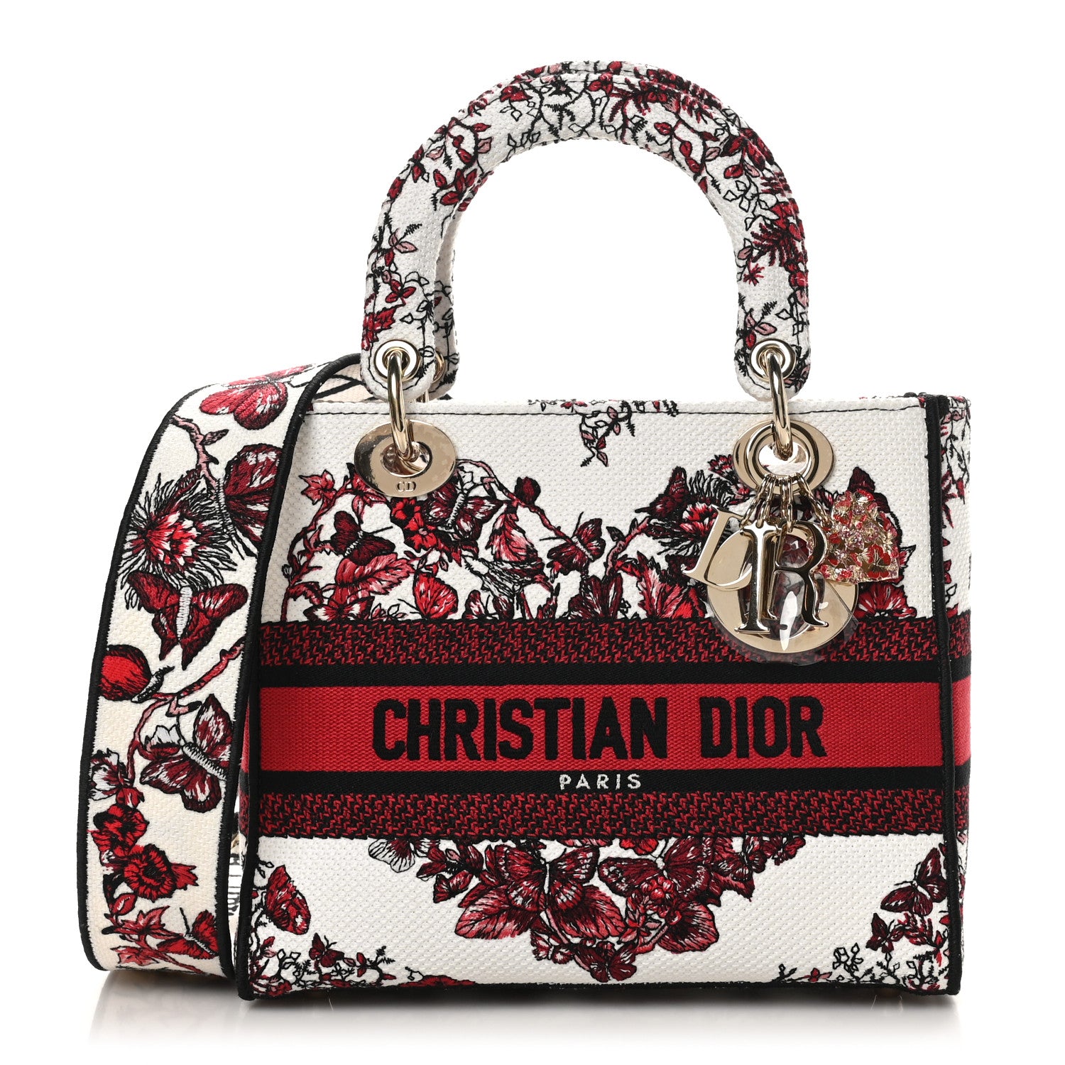 Christian Dior Canvas Le Coeur En Fleurs Embroidered Medium Lady D-Lite White Multicolor