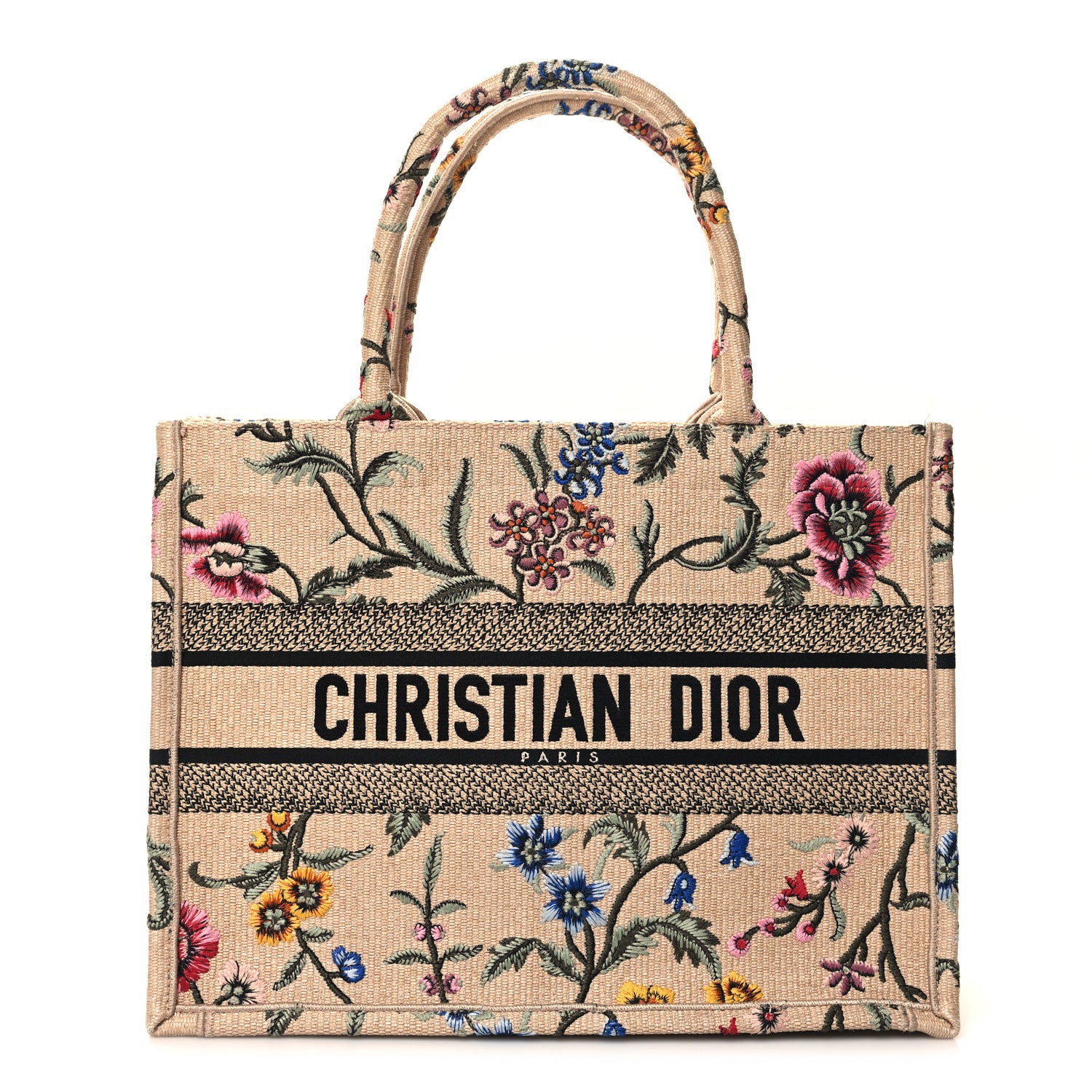 Christian Dior Raffia Embroidered Petites Fleurs Medium Book Tote Natural
