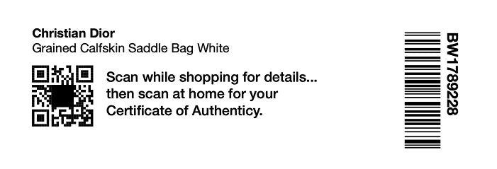 A FASHIONPHILE hangtag showcasing the QR code through which the digital FASHIONPHILE Certificate of Authenticity is accessed