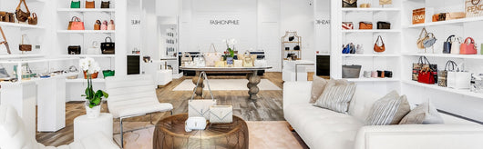 FASHIONPHILE's pop-up is filled with luxury handbags on display and modern furniture