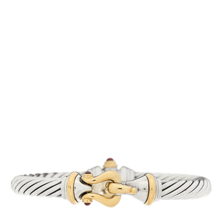 David Yurman Sterling Silver 18K Yellow Gold Rhodolite Garnet 7mm Cable Classic Buckle Bracelet